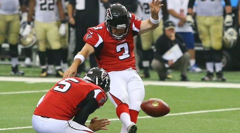 90714 ATLANTA: Falcons kicker Matt Bryant hits a field goal in overtime to beat the Saints 37-34 in their NFL football game on Sunday, Sept. 7, 2014, in Atlanta. CURTIS COMPTON / CCOMPTON@AJC.COM