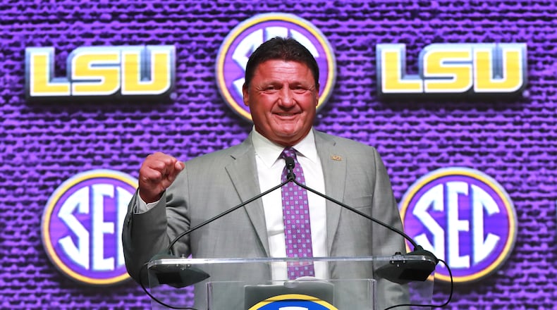 LSU coach Ed Orgeron will be the first to tell you, "Geaux Tigers." (Curtis Compton/ccompton@ajc.com)