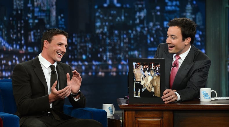 NEW YORK, NY - AUGUST 23: US Olympic Gold Medalist swimmer Ryan Lochte and host Jimmy Fallon visit 'Late Night With Jimmy Fallon' at Rockefeller Center on August 23, 2012 in New York City. (Photo by Jason Kempin/Getty Images)