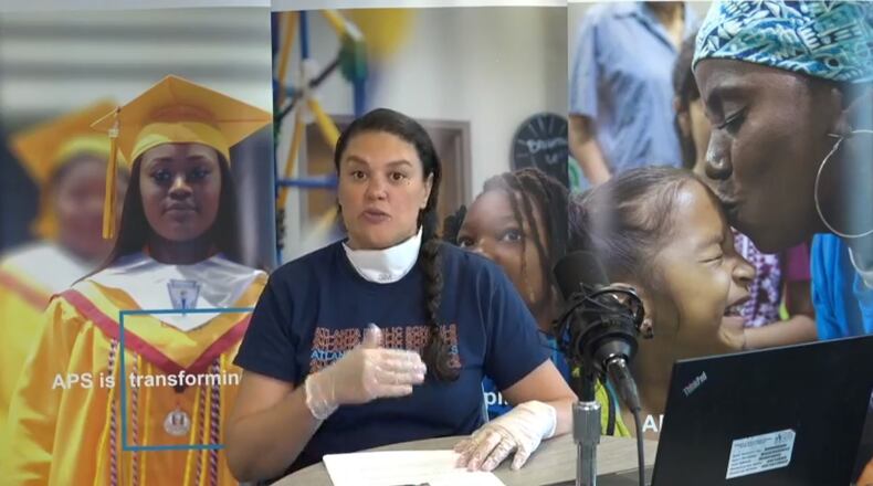 Atlanta Public Schools Superintendent Meria Carstarphen, shown here in a screen shot from an April 23, 2020, live video town hall, urged students to remain safely at home even as Georgia businesses reopen. Carstarphen said she's even given herself a haircut during the shutdown.
