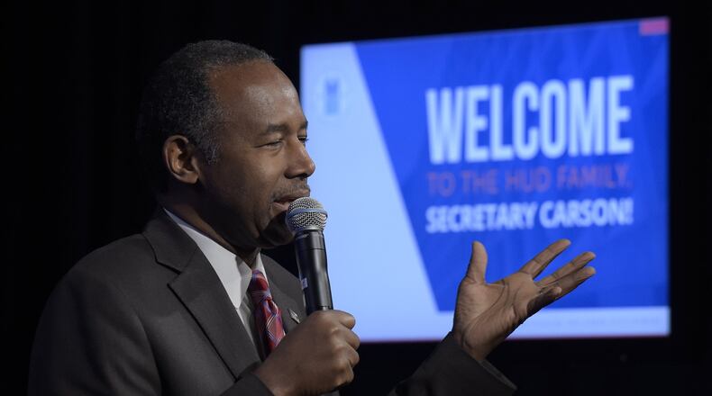 Housing a Urban Development (HUD) Secretary Ben Carson speaks to HUD employees in Washington. Carson sought Thursday, March 9, 2017, to reassure his agency that budget cuts may not be as steep as some fear. (AP Photo/Susan Walsh, File)