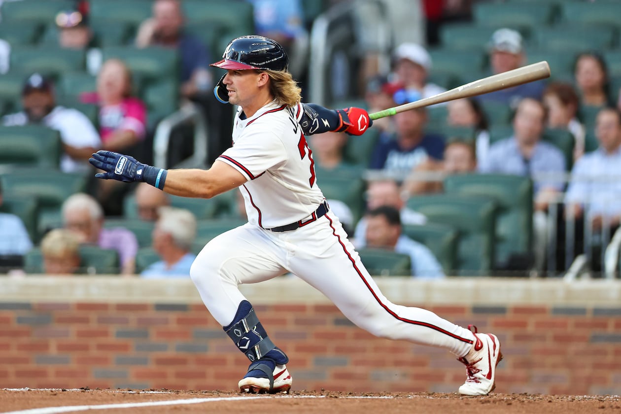 Braves shortstop Jim Jarvis hits a single against the San Diego Padres on Wednesday, July 22, 2026, in Atlanta. He’s making his mark with the team, taking control of a shortstop spot that’s been a void for two consecutive years. (Colin Hubbard/AP)