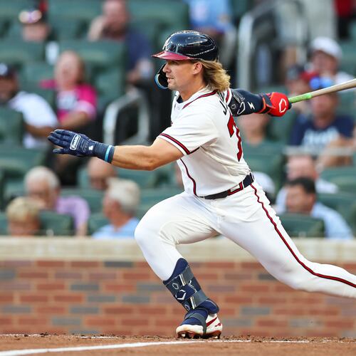Atlanta Braves' Jim Jarvis hits a single in the second inning of a baseball game against the San Diego Padres, Wednesday, July 22, 2026, in Atlanta. (AP Photo/Colin Hubbard)
