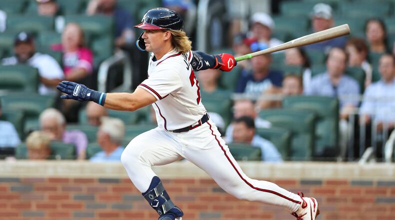 Braves shortstop Jim Jarvis hits a single against the San Diego Padres on Wednesday, July 22, 2026, in Atlanta. He’s making his mark with the team, taking control of a shortstop spot that’s been a void for two consecutive years. (Colin Hubbard/AP)