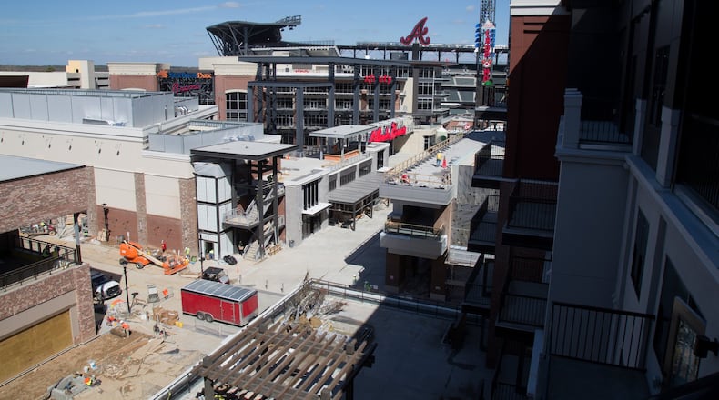 Construction of the apartments and retail shops at The Battery Atlanta continues as the first game at SunTrust Park nears. (Steve Schaefer/Special to the AJC)