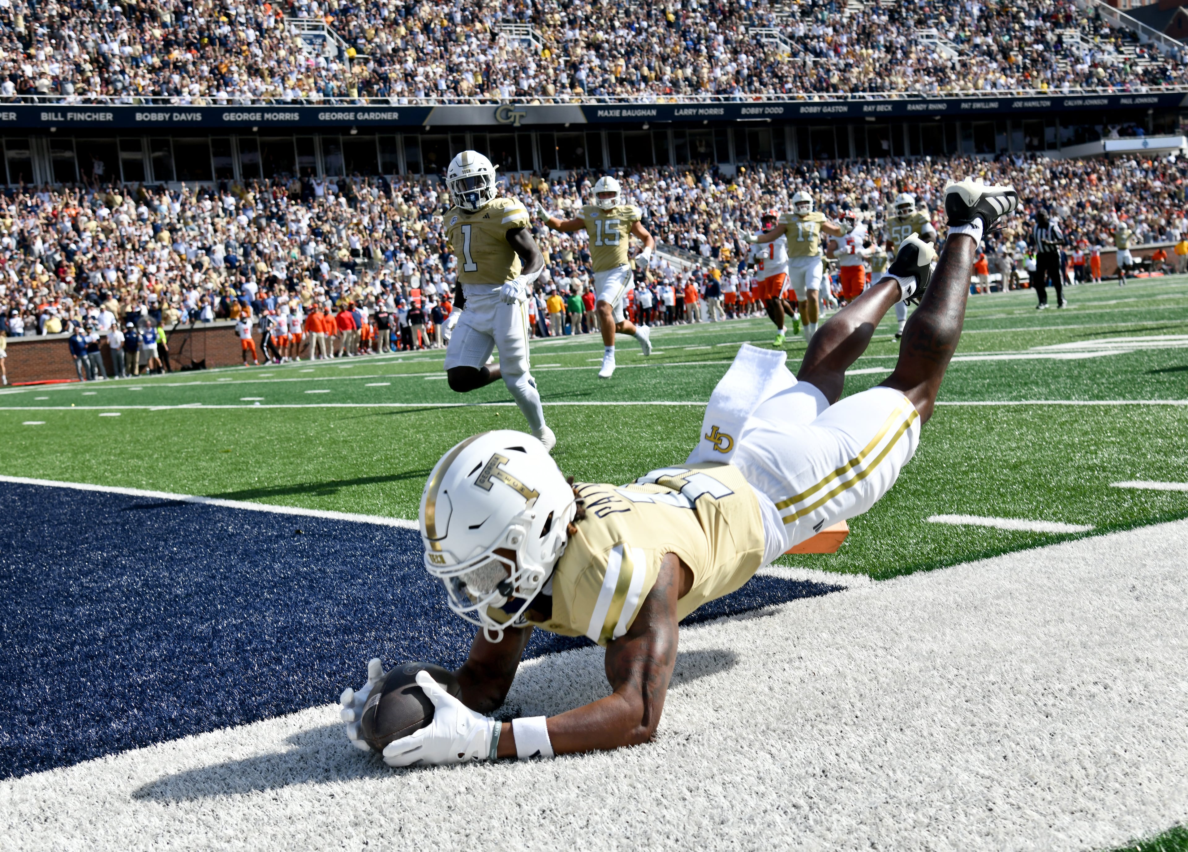 Georgia Tech wide receiver Dean Patterson dives into the end zone for a touchdown during the second half in an NCAA college football game at Bobby Dodd Stadium, Saturday, Oct. 25, 2025 in Atlanta. Georgia Tech won 41-16 over Syracuse. The Yellow Jackets are 8-0 for the first time since 1966 and 5-0 in the ACC for the first time ever. (Hyosub Shin/AJC)