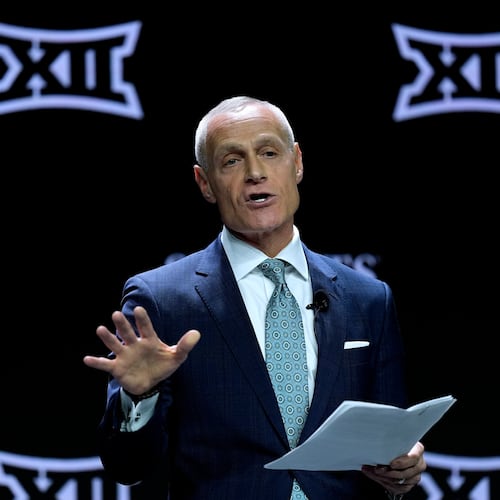 FILE - Big 12 Commissioner Brett Yormark addresses the media during the NCAA college Big 12 women's basketball media day, Oct. 22, 2024, in Kansas City, Mo. (AP Photo/Charlie Riedel, File)