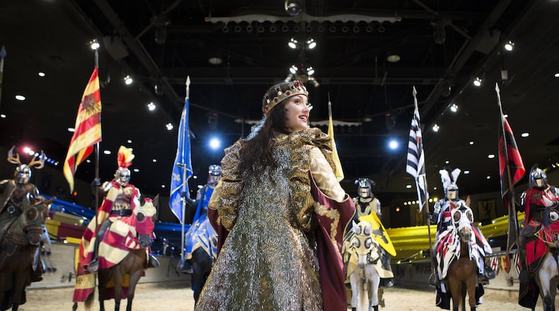 11-9-18 - Lawrenceville, GA - Ashlyn Süpper, 20, who plays Queen Doña Maria Isabella, looks back during a mock performance hours before the new show’s opening night at Medieval Times Dinner & Tournament at Sugarloaf Mills in Lawrenceville, Ga., on Friday, Nov. 9, 2018. For the first time in its nearly 35 year history, the show is introducing a queen into its performance. (Casey Sykes for The Atlanta Journal-Constitution)
