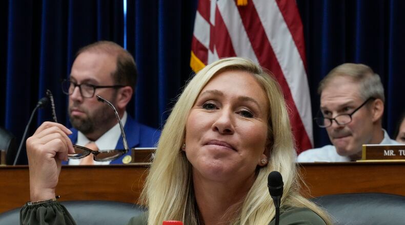 Left to right, Rep. Jason Smith (R-MO), Rep. Marjorie Taylor Greene (R-GA) and Rep. Jim Jordan (R-OH) attend a House Oversight Committee hearing related to the Justice Department's investigation of Hunter Biden, on Capitol Hill July 19, 2023, in Washington, D.C. (Drew Angerer/Getty Images/TNS)