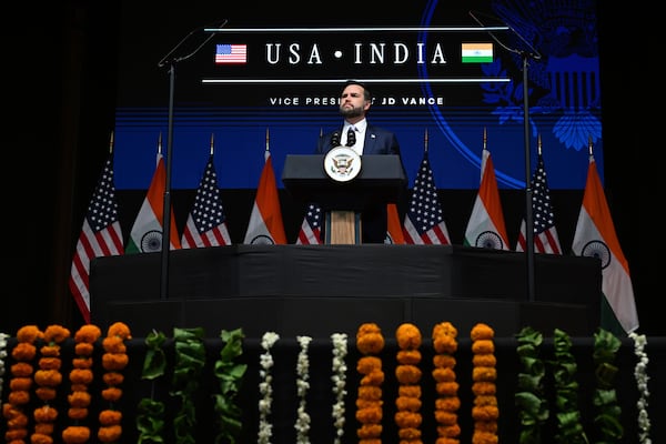 U.S. Vice President JD Vance delivers remarks at the Rajasthan International Centre in Jaipur, India, Tuesday, April 22, 2025. (Kenny Holston/The New York Times via AP, Pool)