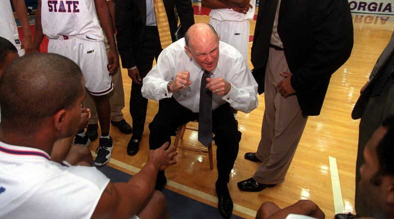 Georgia State coach Lefty Driesell encourages his team during a timeout in 2000.
