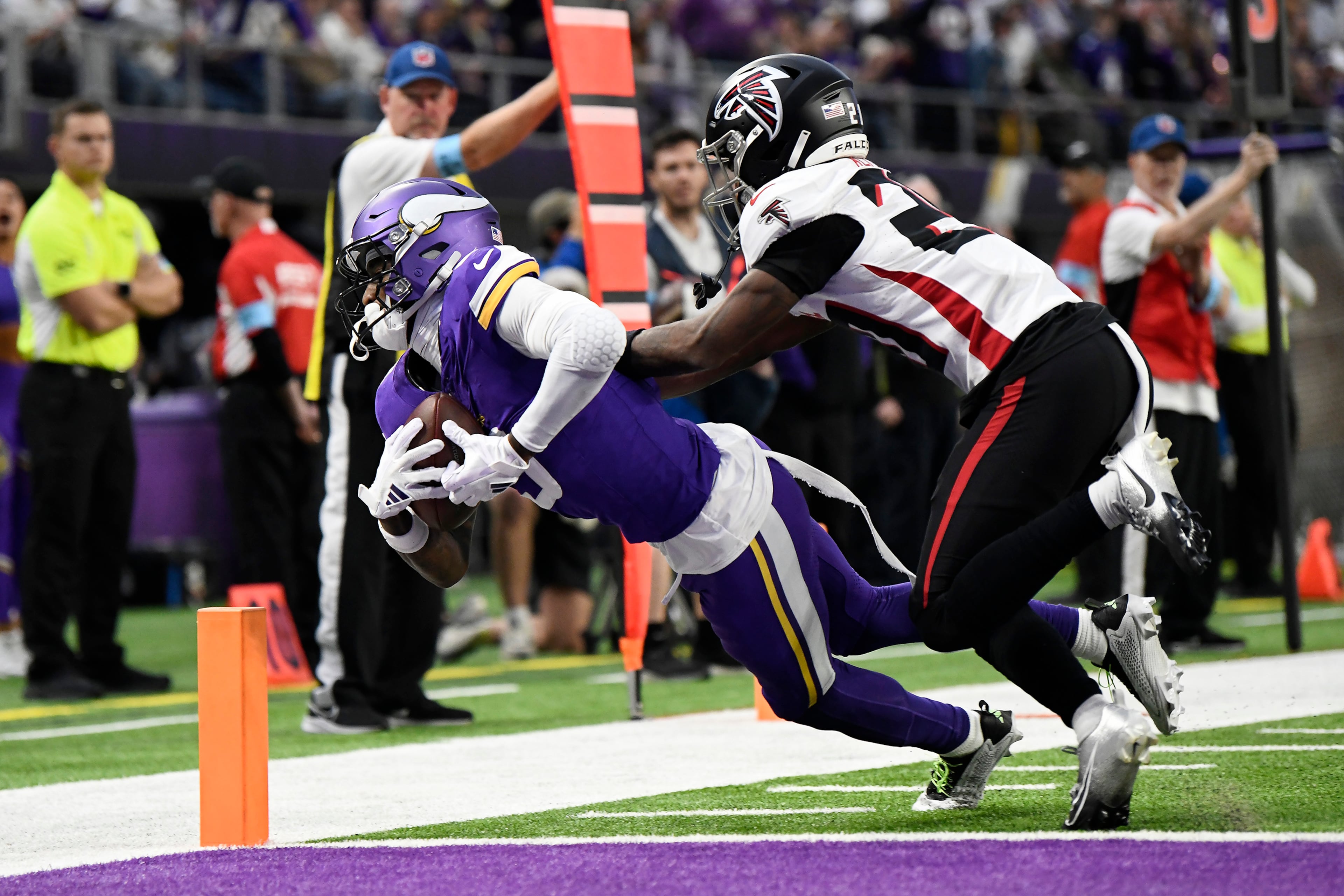 Vikings receiver Jordan Addison scores against the Falcons in 2024.