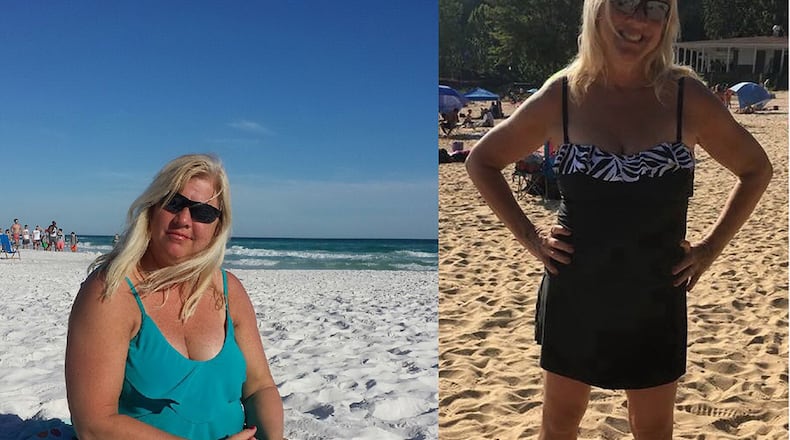 In the photo on the left, taken in April 2016, Debbie Rennie weighed 217 pounds. In the photo on the right, taken in May, she weighed 157 pounds. (Photos contributed by Debbie Rennie)