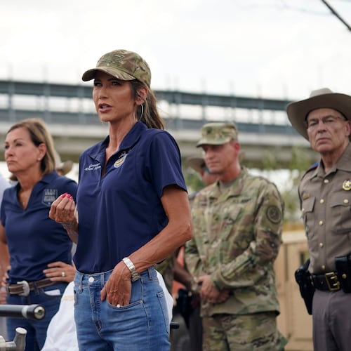 FILE - South Dakota Gov. Kristi Noem gives a news conference along the Rio Grande, Aug. 21, 2023, in Eagle Pass, Texas. (AP Photo/Eric Gay, File)