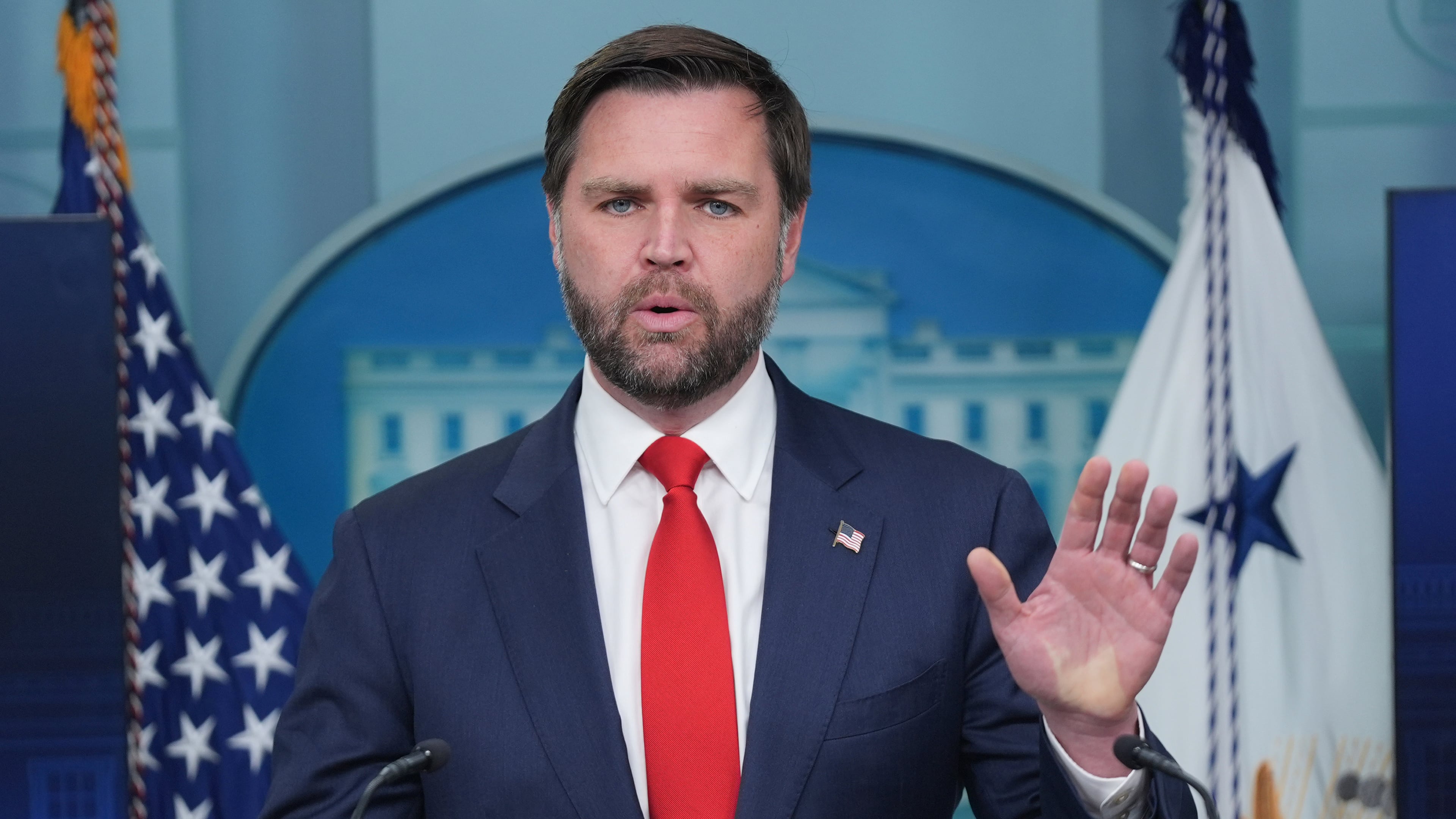 Vice President JD Vance speaking with reporters in the James Brady Press Briefing Room at the White House, Wednesday, Oct. 1, 2025, in Washington. (AP Photo/Evan Vucci)