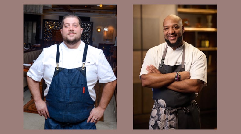Chef Joshua Wetshtein (left) has been named executive chef at Tiny Lou's at the Clermont Hotel, while chef Brian Martin has taken over the kitchen at Thompson Atlanta - Buckhead, a Hyatt property home to rooftop restaurant Tesserae. (Courtesy of Oliver Hospitality; Courtesy of Andre Brown/Thompson Atlanta - Buckhead)