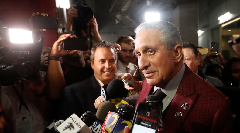 FILE - In this Oct. 27, 2019 file photo, Atlanta Falcons owner Arthur Blank speaks to the media after an NFL football game between the Atlanta Falcons and the Seattle Seahawks in Atlanta. (AP Photo/John Bazemore, File)