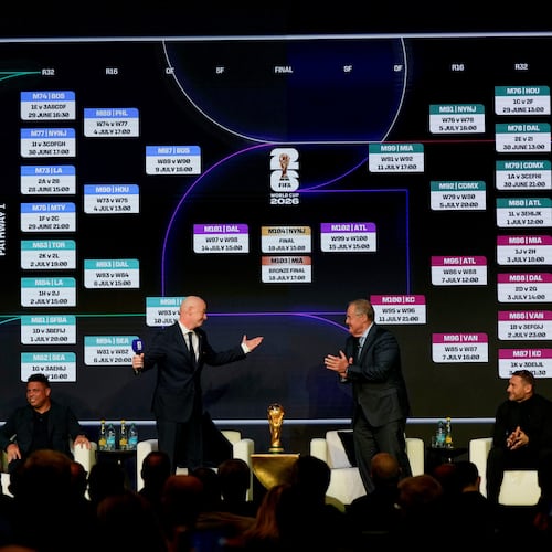 From left: Alexi Lalas and Ronaldo listen as FIFA President Gianni Infantino and host Andrés Cantor applaude as Francesco Totti, and Hristo Stoichkov look on during the match schedule reveal for the 2026 soccer World Cup in Washington, Saturday, Dec. 6, 2025. (AP Photo/Chris Carlson)