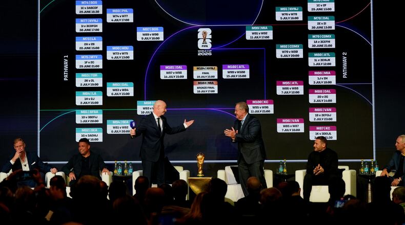 From left: Alexi Lalas and Ronaldo listen as FIFA President Gianni Infantino and host Andrés Cantor applaude as Francesco Totti, and Hristo Stoichkov look on during the match schedule reveal for the 2026 soccer World Cup in Washington, Saturday, Dec. 6, 2025. (AP Photo/Chris Carlson)