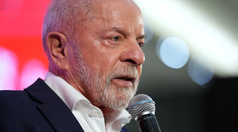 Brazilian President Luiz Inacio Lula da Silva speaks during a ceremony announcing outgoing Finance Minister Fernando Haddad's candidacy for governor of Sao Paulo state in the October elections, in Sao Bernardo do Campo, Brazil, Thursday, March 19, 2026. (AP Photo/Andre Penner)