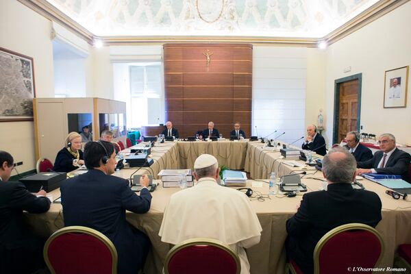 FILE - Pope Francis attends the IOR (Institute for Religious Works) Vatican Bank's council, at the Vatican, Tuesday, Nov. 24, 2015. (L'Osservatore Romano/Pool Photo via AP)