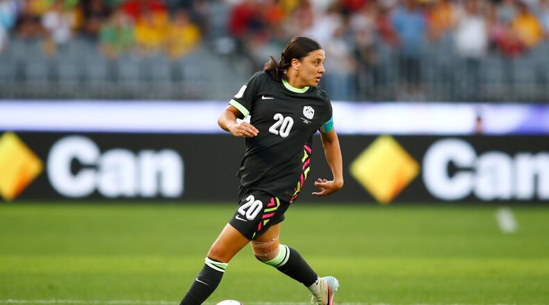 Australia's Sam Kerr during the Women's Asian Cup semifinal soccer match between China and Australia in Perth, Australia, Tuesday, March 17, 2026. (AP Photo/Gary Day)