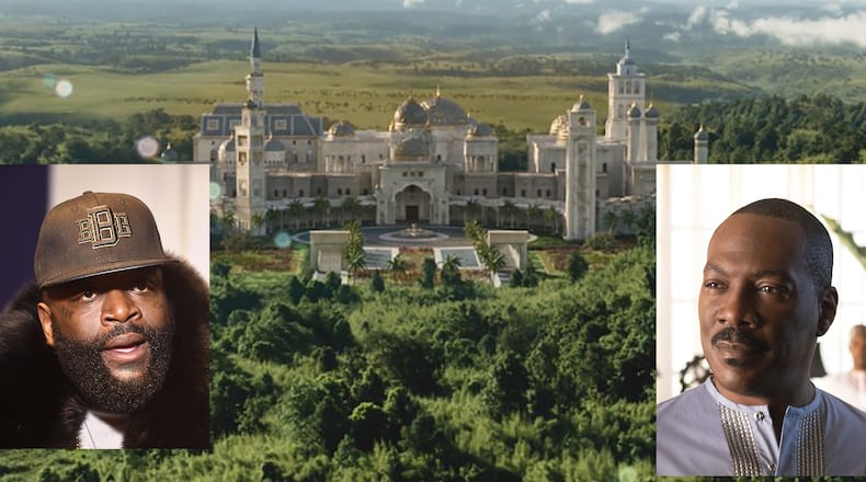 Rick Ross (left) provided his mansion in Fayetteville to shoot Zamunda palace scenes for the movie "Coming 2 America" on Amazon Prime starring Eddie Murphy (right). AMAZON PRIME/AJC FILE PHOTO