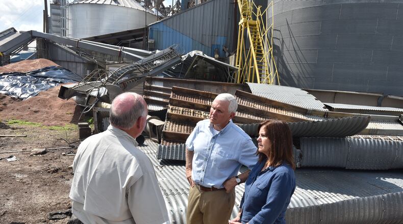 October 16, 2018 Bainbridge - Vice President Mike Pence meets employees at Flint River Mills in Bainbridge on Tuesday, October 16, 2018. Vice President Mike Pence touched down in this Southwest Georgia city Tuesday and addressed the Sunbelt Agricultural Exposition in Moultrie as he surveyed storm damage from Hurricane Michael. Penceâs visit comes a day after President Donald Trump and First Lady Melania Trump traveled through the central part of the Peach State and met with farmers. HYOSUB SHIN / HSHIN@AJC.COM