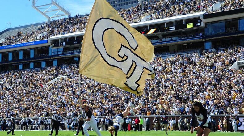 ATLANTA, GA - OCTOBER 13: Georgia Tech Yellow Jackets Cheerleaders celebrate after a touchdown against the Duke Blue Devils on October 13, 2018 in Atlanta, Georgia. (Photo by Scott Cunningham/Getty Images)