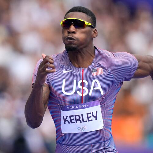 FILE - Fred Kerley, of the United States, competes in the men's 100-meter heats at the 2024 Summer Olympics, Aug. 3, 2024, in Saint-Denis, France. (AP Photo/Matthias Schrader, File)