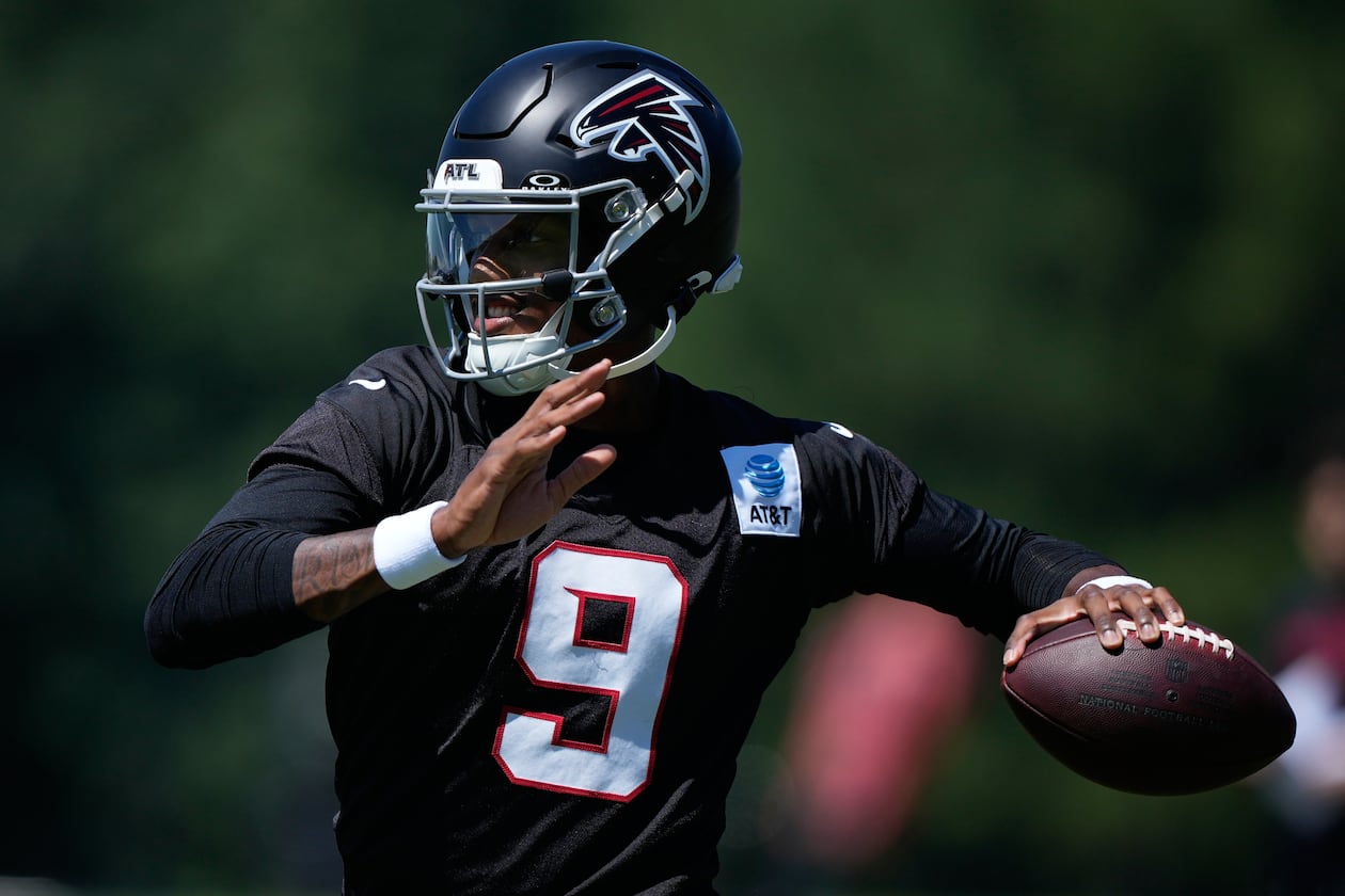 Atlanta Falcons quarterback Michael Penix Jr. runs drills during an NFL training camp practice Monday, Aug. 24, 2026, in Flowery Branch. (Brynn Anderson/AP)