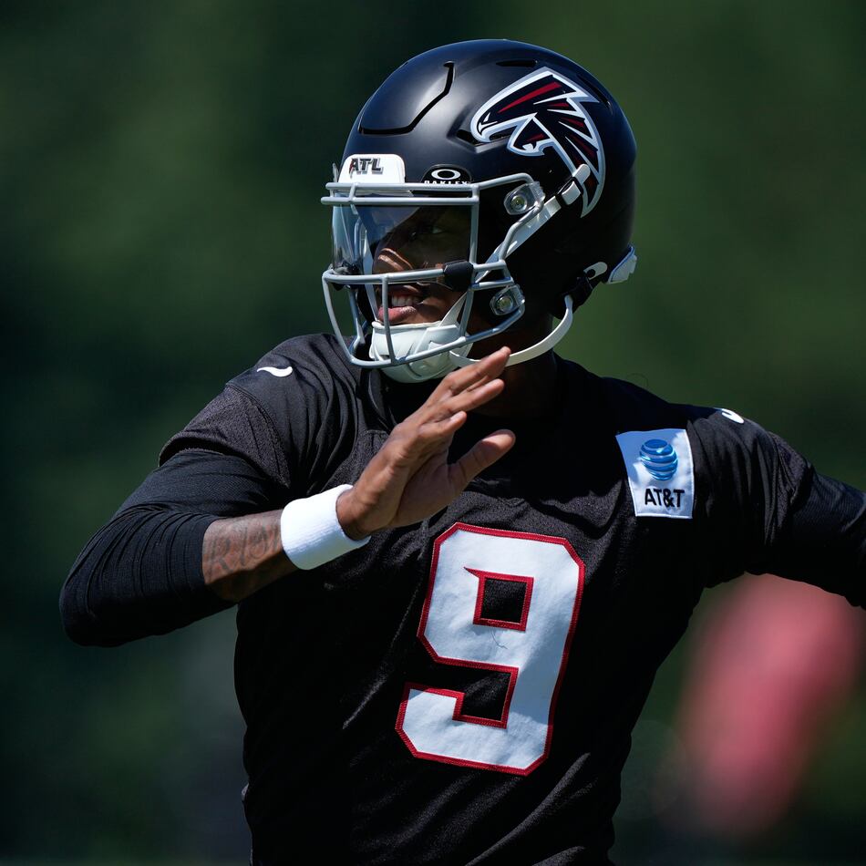 Atlanta Falcons quarterback Michael Penix Jr. runs drills during an NFL training camp practice Monday, Aug. 24, 2026, in Flowery Branch. (Brynn Anderson/AP)