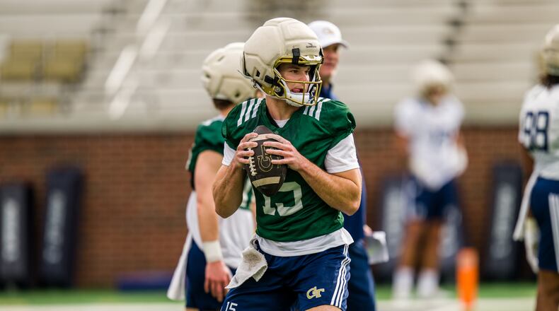 Georgia Tech quarterback Alberto Mendoza sets to throw a pass during spring practice at Bobby Dodd Stadium on March 10, 2026. (Danny Karnik/Courtesy of Georgia Tech Athletics)