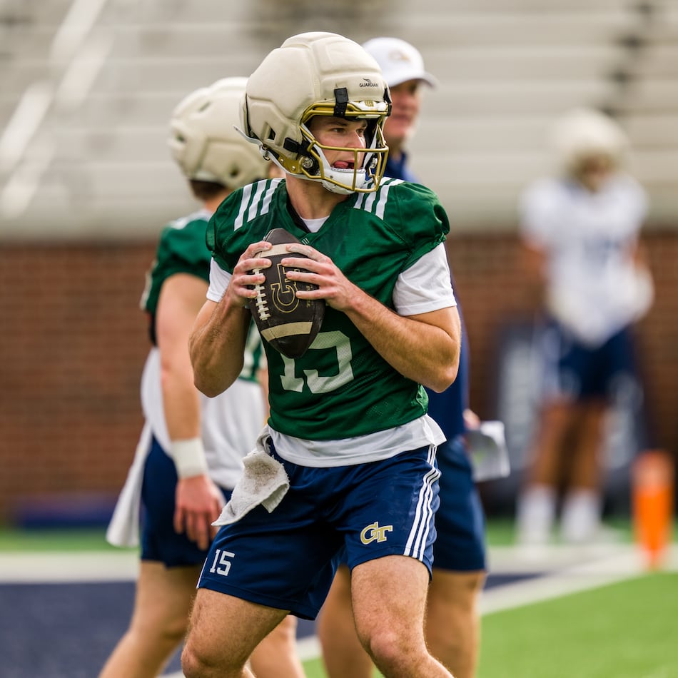 Georgia Tech quarterback Alberto Mendoza sets to throw a pass during spring practice at Bobby Dodd Stadium on March 10, 2026. (Danny Karnik/Georgia Tech Athletics)