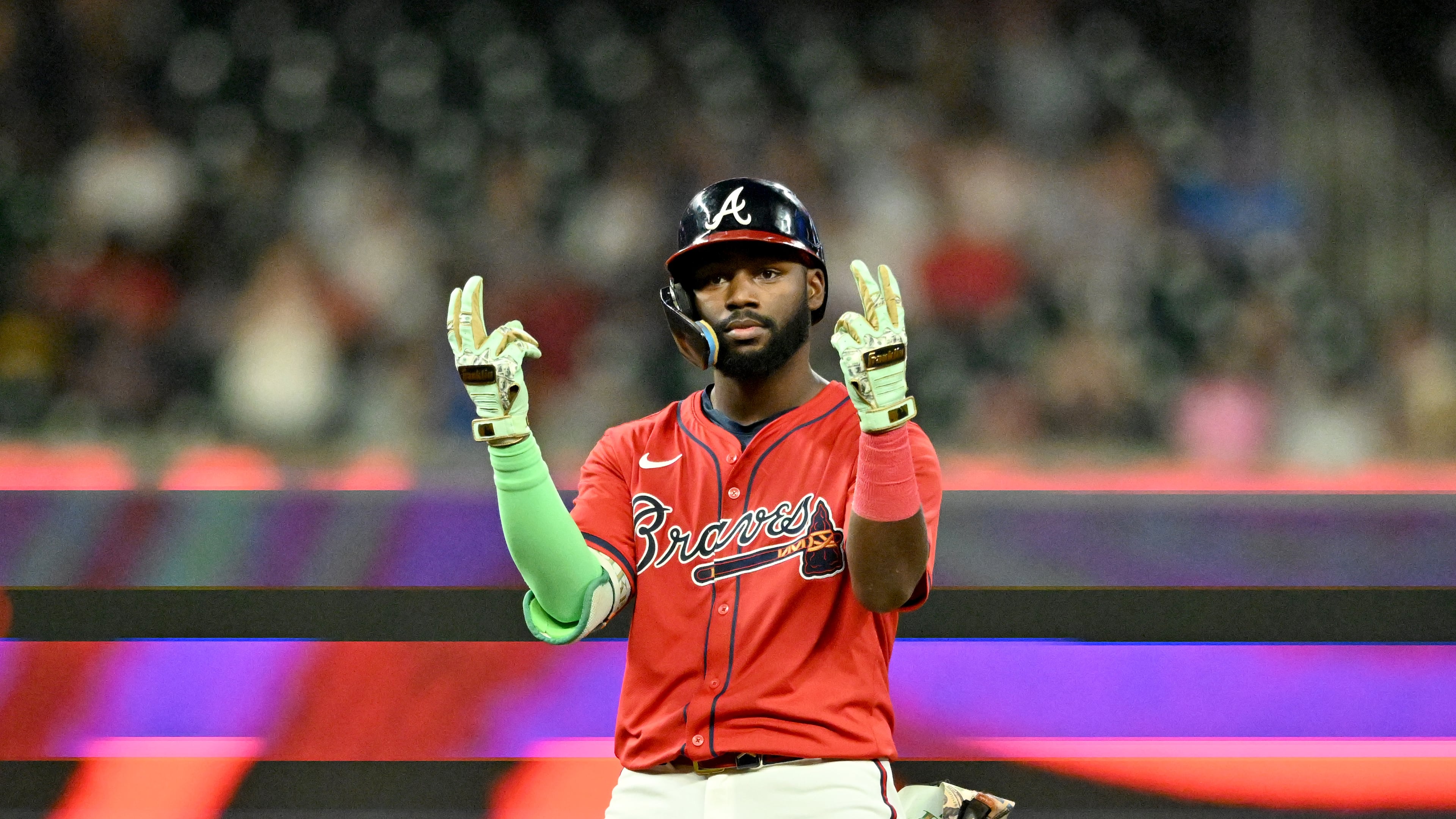Atlanta Braves outfielder Michael Harris II (23) celebrates after hitting a double in the eighth inning of a baseball game at Truist Park, Friday, September 26, 2025, in Atlanta. Pittsburgh Pirates won 9-3 over Atlanta Braves. (Hyosub Shin / AJC)