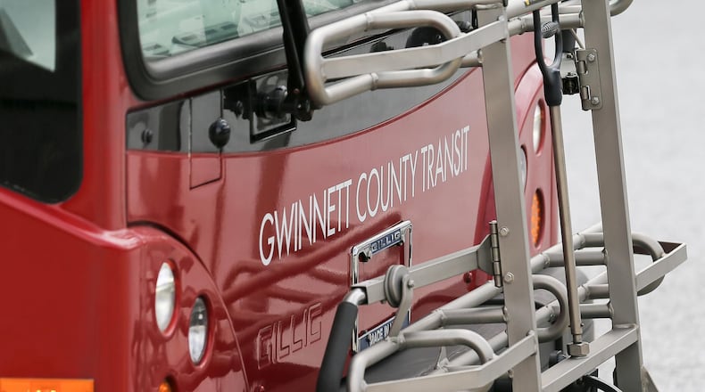 02/26/2019 — Duluth, Georgia — The exterior of a Gwinnett County Transit bus is displayed at a Gwinnett County Transit bus center near Gwinnett Place Mall in Duluth, Tuesday, February 26, 2019. (ALYSSA POINTER/ALYSSA.POINTER@AJC.COM)