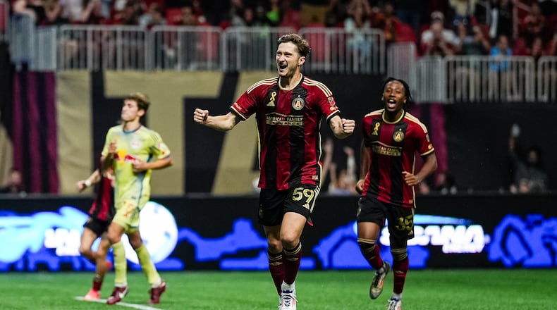Atlanta United midfielder Alexey Miranchuk #59 scores a goal during the match against the New York Red Bulls at Mercedes-Benz Stadium in Atlanta, GA on Saturday October 5, 2024. (Photo by Mitch Martin/Atlanta United)