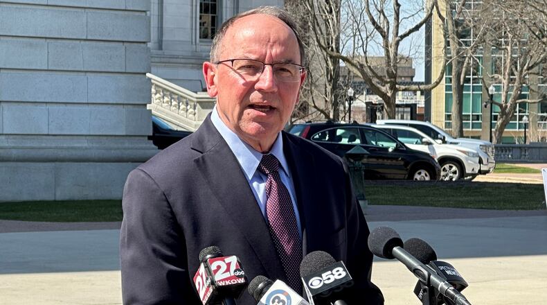 Rep. Tom Tiffany, R-Wis., a candidate for Wisconsin governor, speaks during a news conference Wednesday, April 8, 2026, about what the GOP needs to do in November after big defeats in the spring election, outside of the state Capitol in Madison, Wis. (AP Photo/Scott Bauer)
