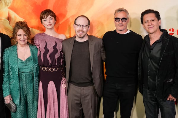 Deirdre O'Connell, from left, Emma Stone, Ari Aster, Joaquin Phoenix, and Clifton Collins Jr. arrive at the premiere of "Eddington" on Thursday, June 26, 2025, at the DGA Theater Complex in Los Angeles. (AP Photo/Chris Pizzello)