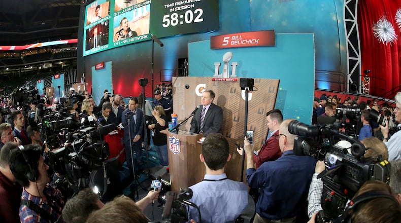 New England Patriots head coach Bill Belichick is seen at Super Bowl Opening Night at Minute Maid Park on Monday, January 30, 2017 in Houston, TX. (AP Photo/Gregory Payan)