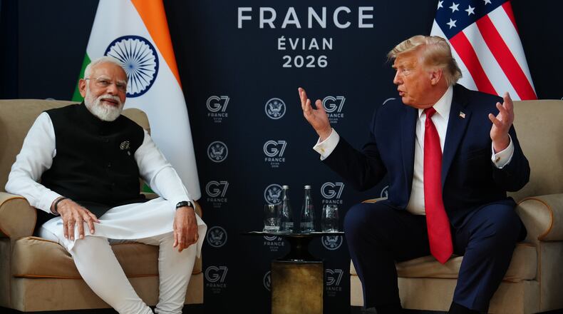 U.S. President Donald Trump meets with India's Prime Minister Narendra Modi on the sidelines of the G7 summit, Wednesday, June 17, 2026, in Evian-les-Bains, France. (AP Photo/Julia Demaree Nikhinson)