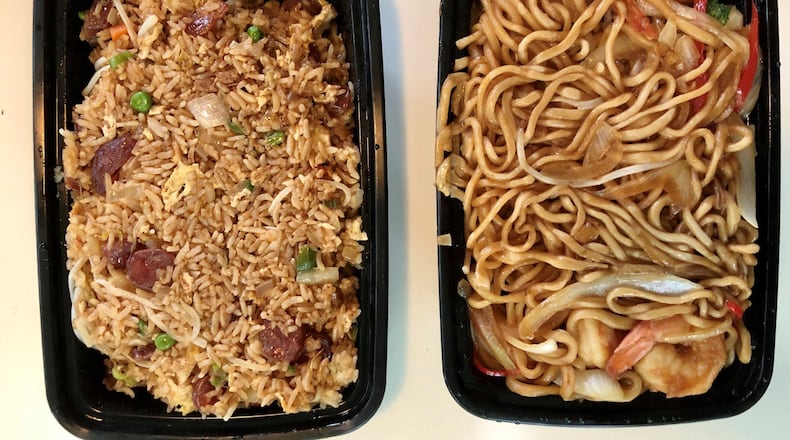 Among the dishes available for takeout from LanZhao Ramen are sausage fried rice and a stir-fry of hand-pulled noodles with shrimp. CONTRIBUTED BY WENDELL BROCK