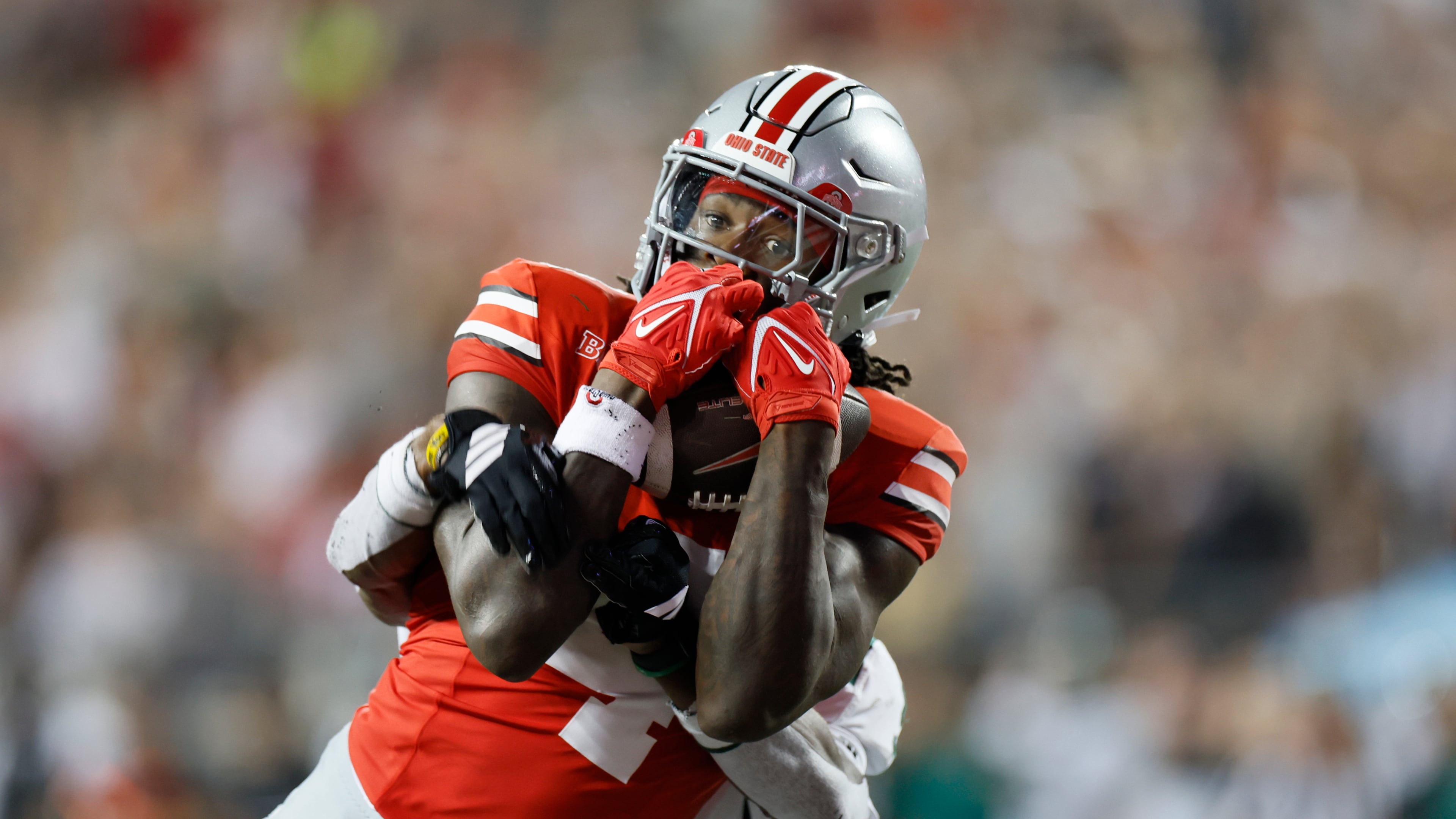 Ohio State receiver Jeremiah Smith catches a touchdown against Ohio during the second half of an NCAA college football game, Saturday, Sept. 13, 2025, in Columbus, Ohio. (AP Photo/Jay LaPrete)