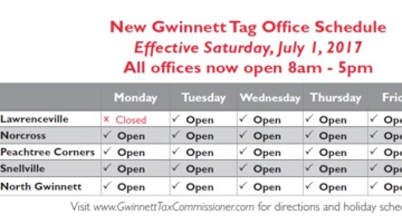 Gwinnett Tax Commissioner announces new tag office hours. Courtesy Gwinnett County Tax Commissioner