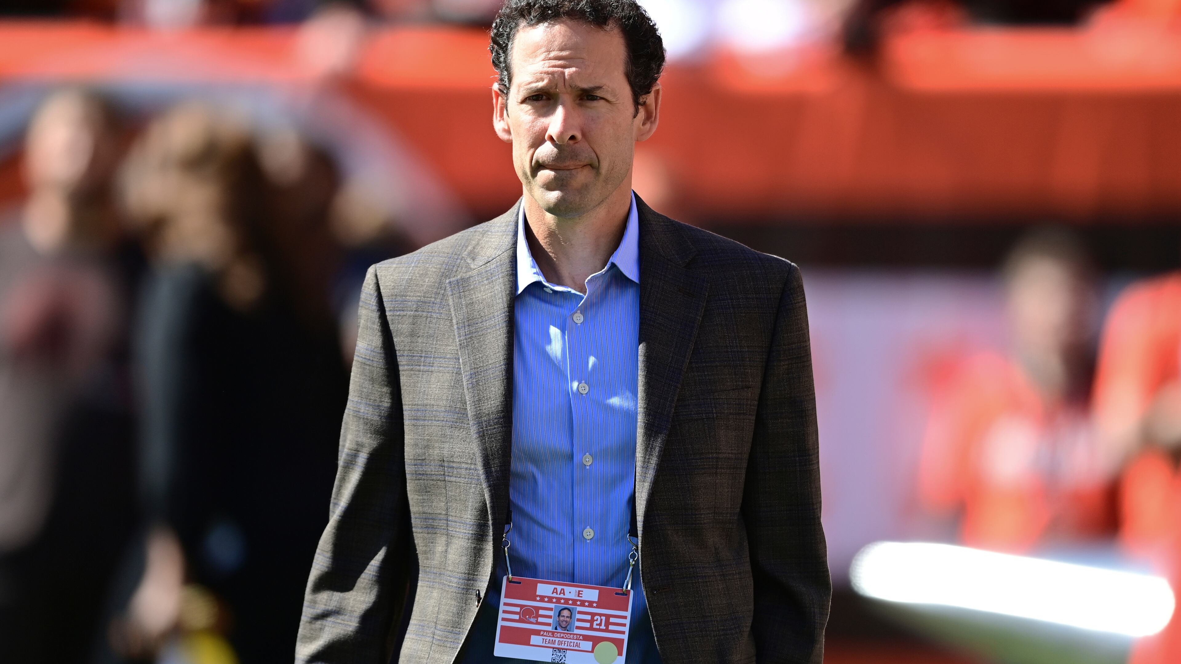 FILE - Cleveland Browns chief strategy officer Paul DePodesta looks on before an NFL football game between the Chicago Bears and the Cleveland Browns, Sunday, Sept. 26, 2021, in Cleveland. (AP Photo/David Dermer, File)