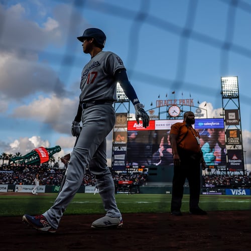 Shohei Ohtani (17) walks to the on deck circle in the third inning as the San Francisco Giants played the Los Angeles Dodgers in San Francisco, on Tuesday, April 21, 2026. (Carlos Avila Gonzalez/San Francisco Chronicle via AP)