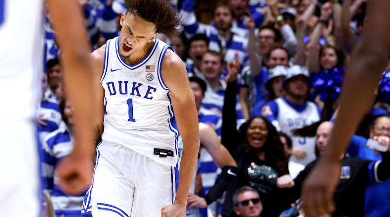 Duke's Dereck Lively II (1) celebrates a first-half dunk against South Carolina Upstate at Cameron Indoor Stadium on Friday, Nov. 11, 2022, in Durham, North Carolina. (Lance King/Getty Images/TNS)