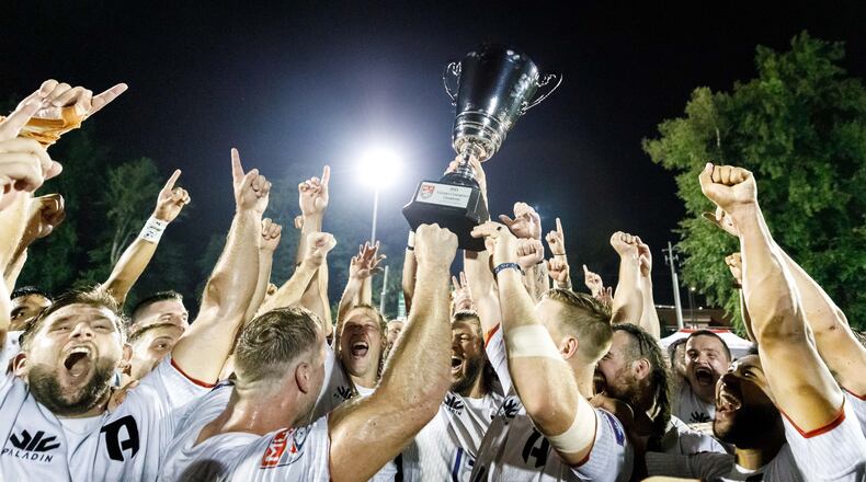 Members of Rugby ATL celebrate a 10-9 victory over Rugby United New York in the Eastern Conference finals Saturday. Rugby ATL will play for the Major League Rugby championship on Aug. 1.
