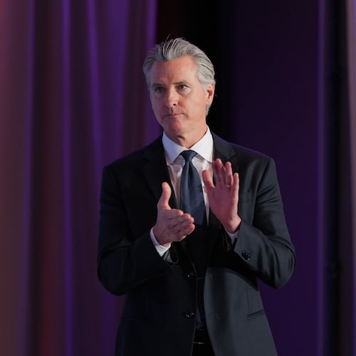 Gov. Gavin Newsom is introduced at the National Association of Latino Elected and Appointed Officials conference in Los Angeles, Tuesday, July 14, 2026. (AP Photo/Jae C. Hong)
