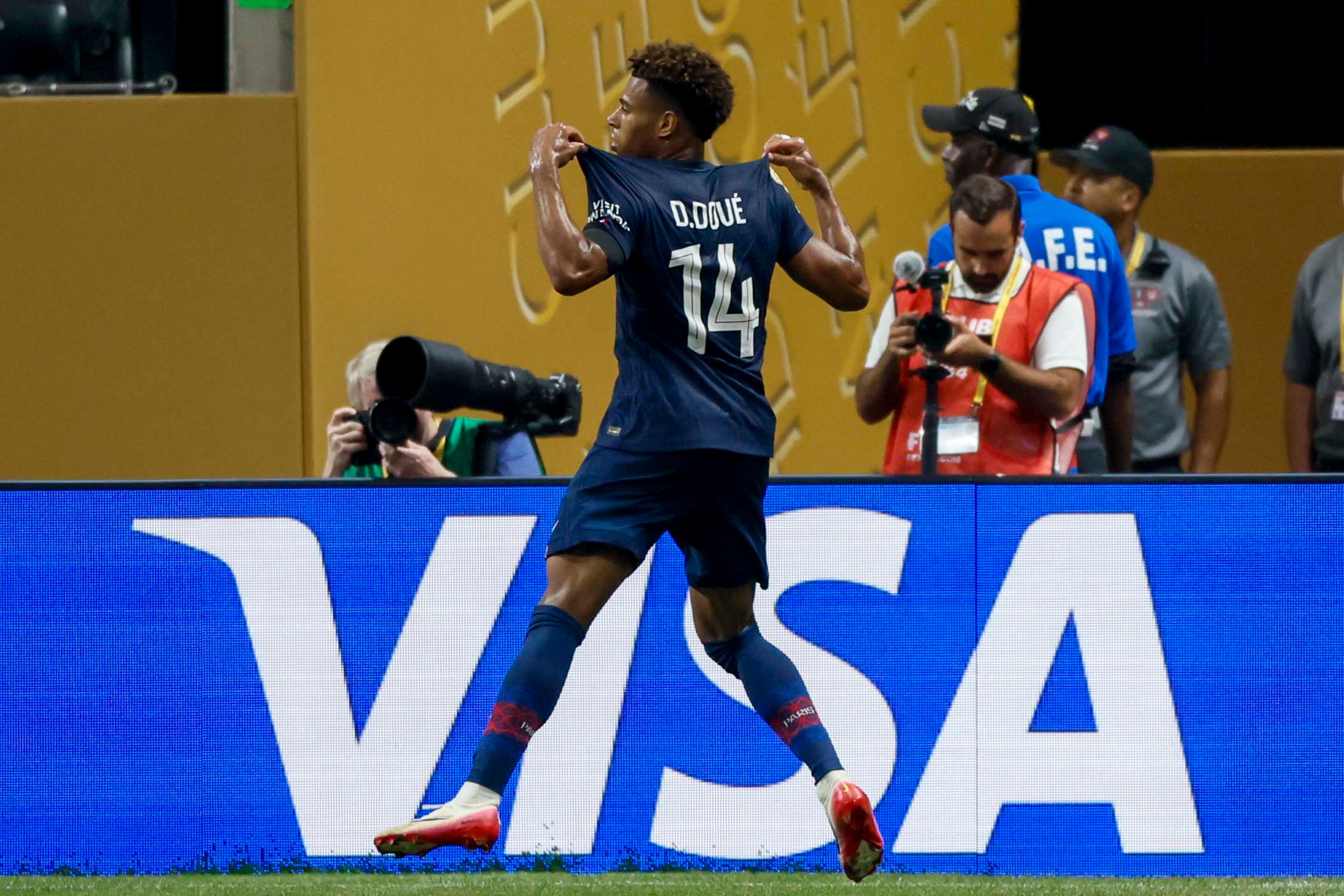 Paris Saint-Germain midfielder Désiré Doué (14) reacts after scoring his goal during Club World Cup quarterfinal soccer match between Paris Saint-Germain and Bayern Munich, Saturday, July 5, 2025.
(Miguel Martinez/ AJC)